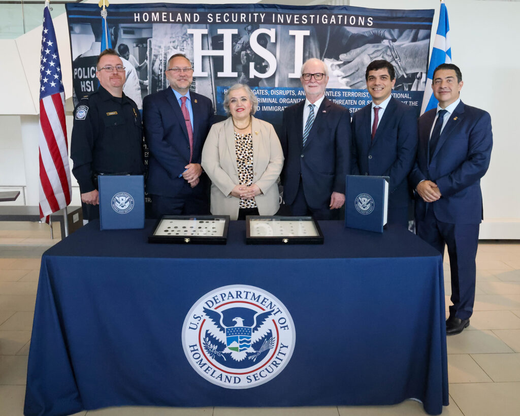 Federal agents from the Hellenic National Museum carry out the largest repatriation of ancient coins to Greece in recent HSI history